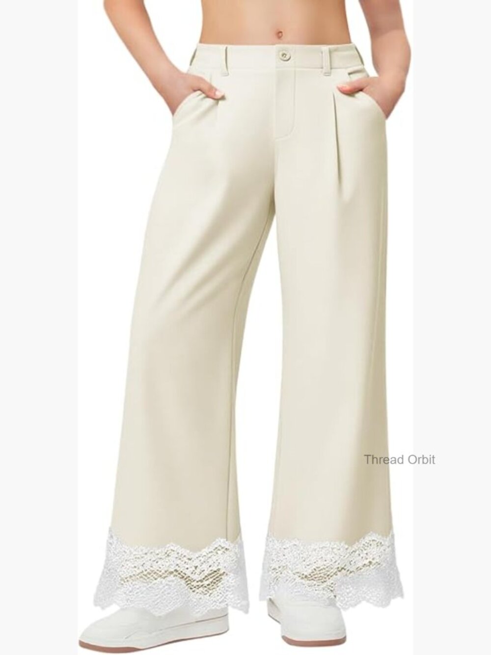 Wide Leg Girls Pants with Lace Hem Elastic Waist Uniform Slacks Pockets 5-14Y
